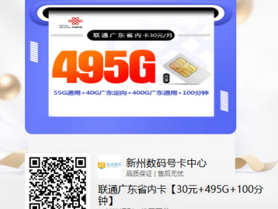 联通广东省内卡【30元+495G+100分钟】