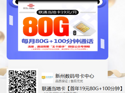 联通当地卡【首年19元80G+100分钟】