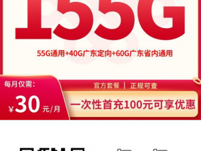 广东联通-广东卡30元155G+100分钟【广东专享4年优惠】