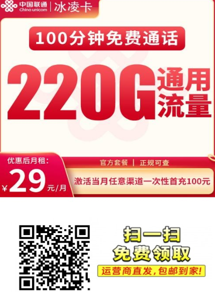 这张卡爆了！联通冰凌卡29元220G+100分钟，全国可办，学生优先发货！
