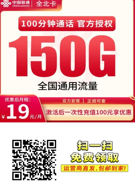 月租19元就能用150G，全国通用+100分钟通话，这张联通卡值得入手