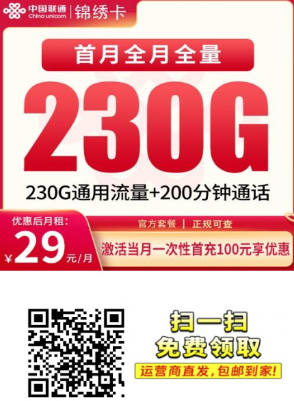 【12月新卡上架】联通锦绣卡：四川用户专属！29元230G+200分钟