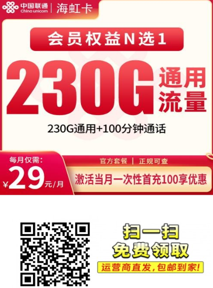海南专属联通海虹卡，29元230G+100分钟+4年会员，这性价比真狠！