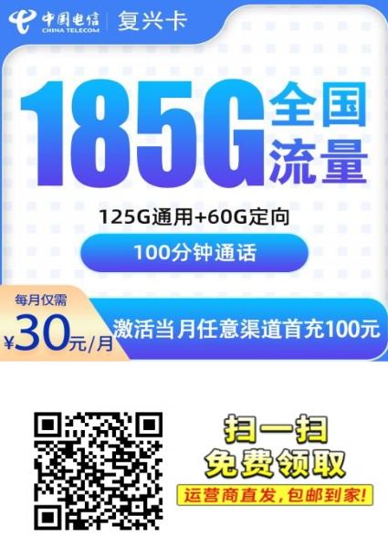 电信复兴卡上线：30元185G全国流量+100分钟通话，广东首发！