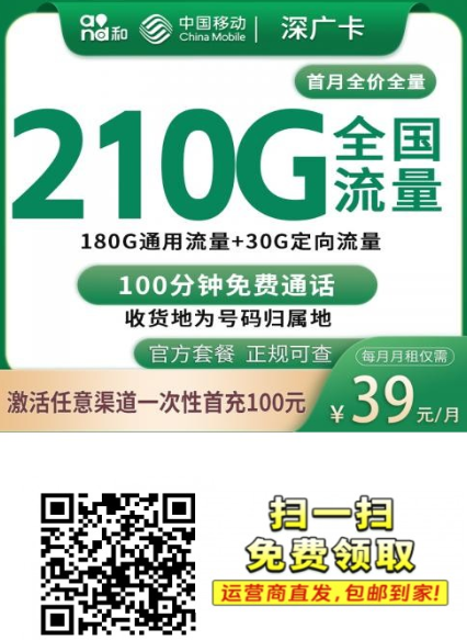 深圳移动罕见上架！39元210G全国流量+100分钟通话，正规上门激活