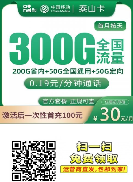 【只发山东长期套餐】移动泰山卡30元300G